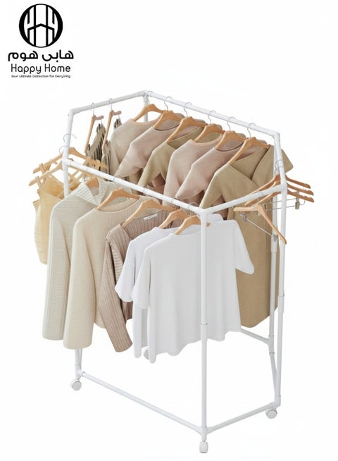 ستاند ملابس متحرك مزدوج التعليق – حامل ملابس معدني ثقيل بعجلات، تصميم مودرن لتنظيم الملابس والمعاطف وتوفير المساحة في غرف النوم والمحلات